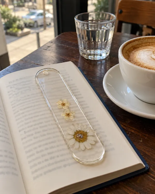 Little daisies bookmark on an open book in a café