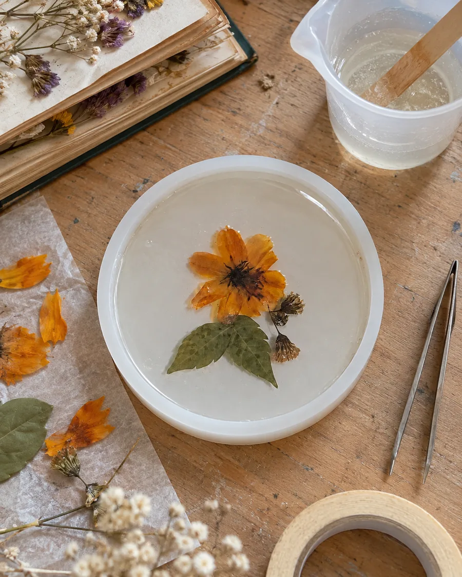 A marigold coaster being made: pressed flowers under fresh resin in a silicone mould, with tweezers and dried petals